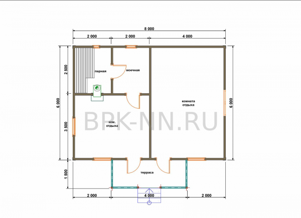 Баня каркасная 6х8 с террасой К052