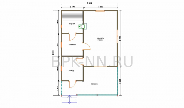 Баня каркасная 6х9 с террасой К066